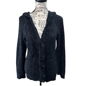 ISH Black Hooded Cable-Knit Button Cardigan